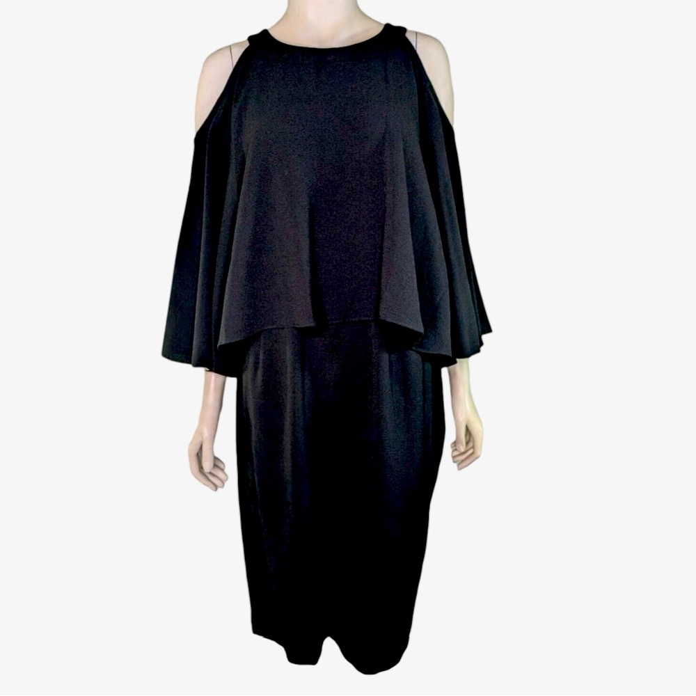 Adrianna Papell Size 14 Cold Shoulder Bell Sleeve Elegant Black Knee High Dress